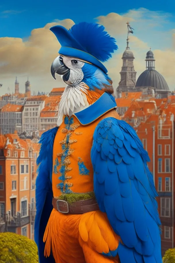 Half parrot half human in a 1700s Orange Dutch uniform next to a Dutch city with blue feathers