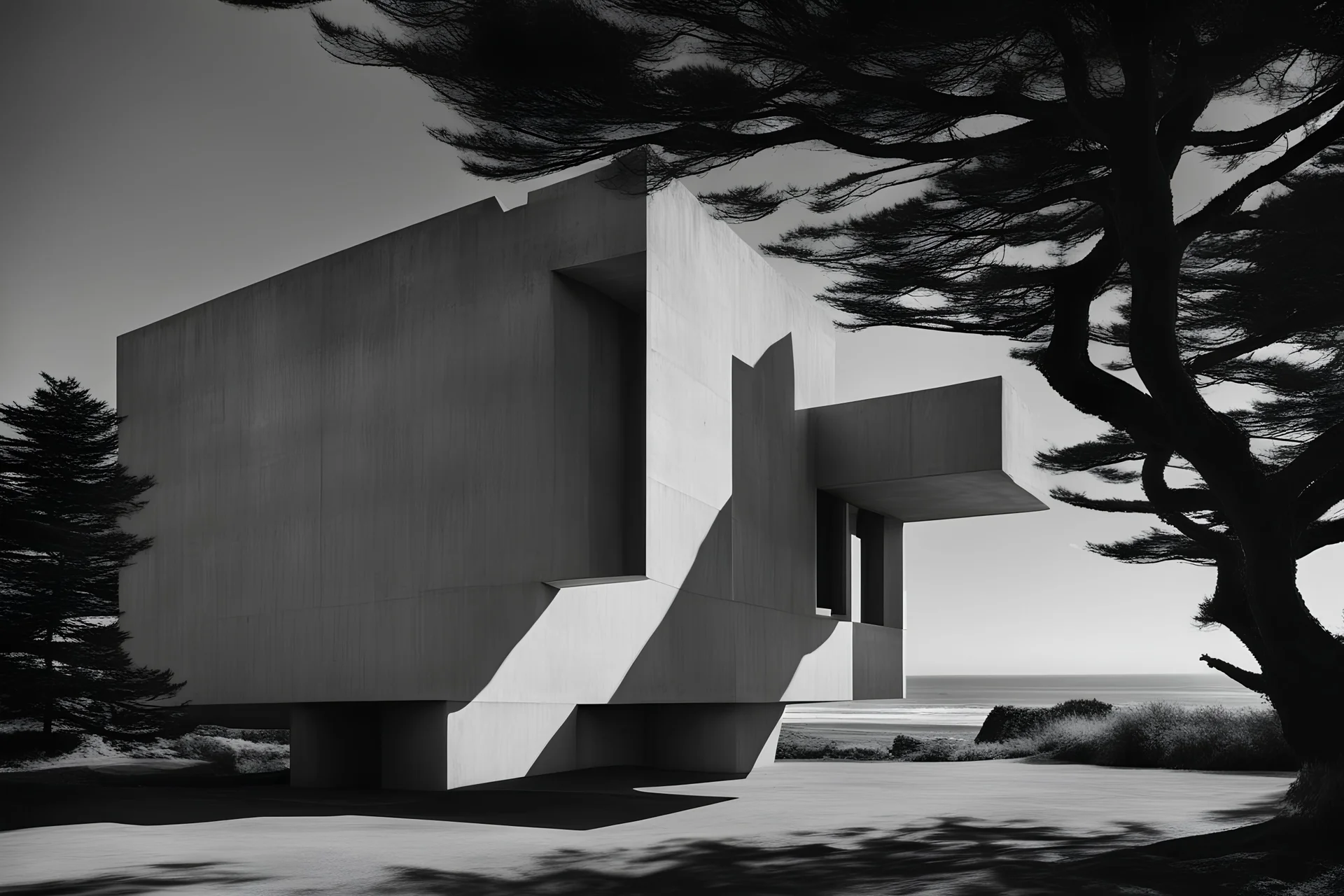 Minimalist concrete structure with geometric forms and dramatic shadows, near the ocean in seaside Oregon, inspired by awe, Brutalist style, Le Corbusier, photographed by Ezra Stoller