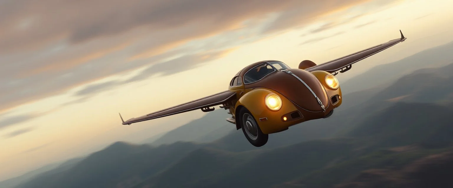 a high definition screen shot of a jet-fighter vw-beetle, retrofuturistic, phototrealism, in flight, one subject,