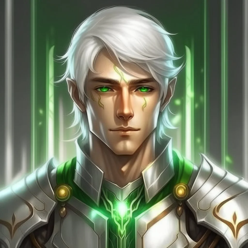 Please create an image for a young elven male with light brown skin, silver hair, and green eyes. He is accompanied by a metallic robot