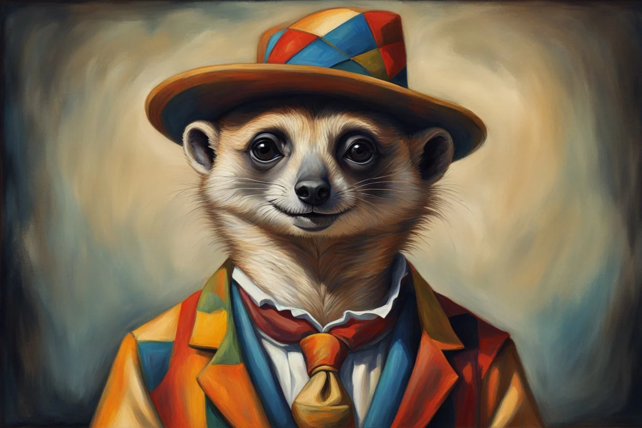 Imagine an anthropomorphic meerkat with a harlequin hat ,by Judith Leyster. in the style of August Macke, John Blanche. Modifiers: oil on canvas vibrant imperial colors hyperrealistic ultra detailed crisp quality whimsical muted colors Decadent 64K, UHD, HDR, HQ anthropomorphic face dark, gloomy, mysterious ©Miwi metallic bronze accents