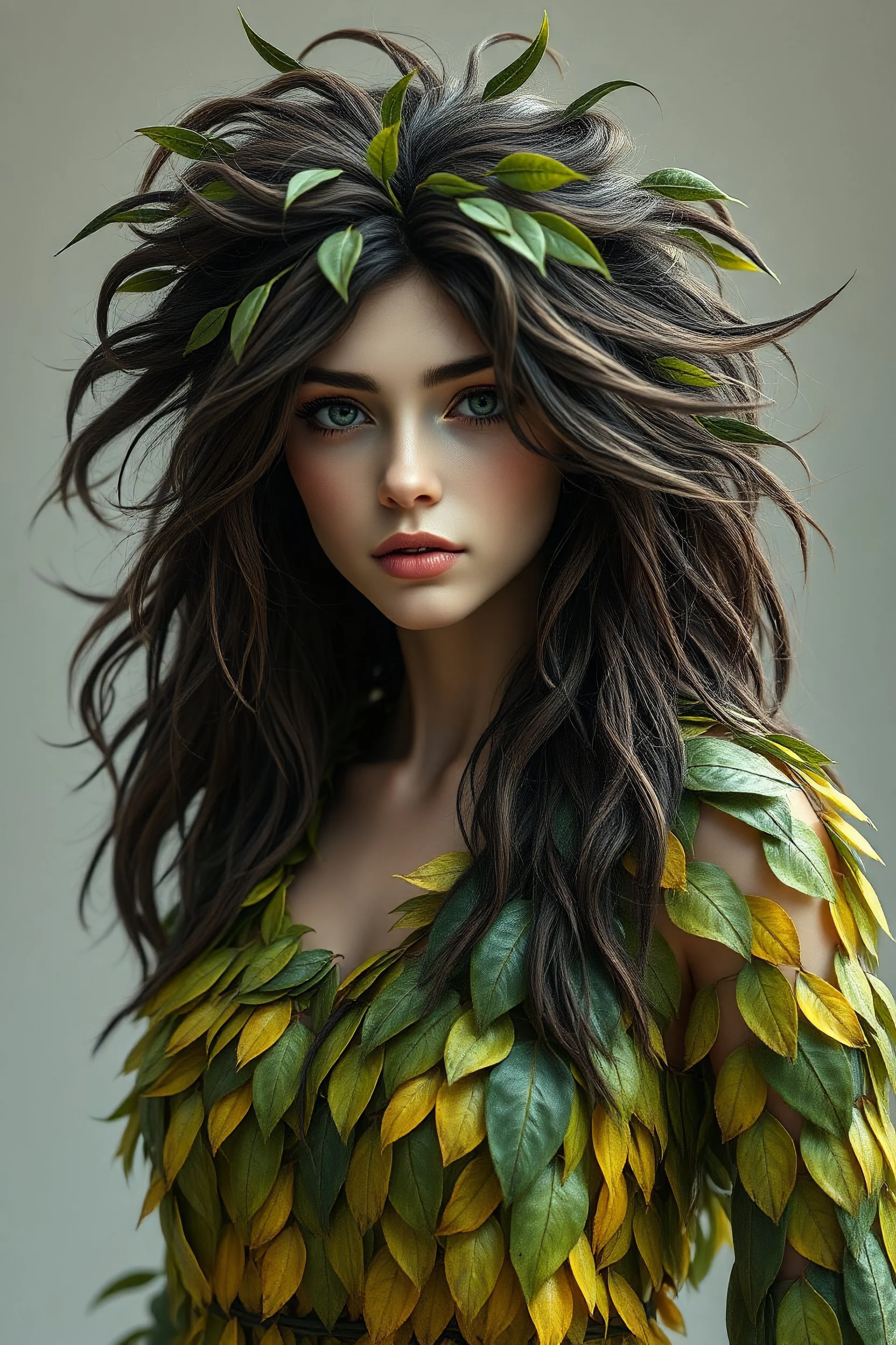 edgy female humanoid in the form of Spanish goddess . messy thick long hair . Photorealistic clothes made of small leaves. .