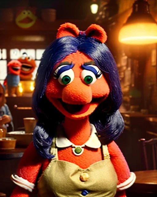 waitress woman with Sesame Street muppet mask-head, concept art, retro style, smooth, unreal engine 5, god lights, ray tracing, RTX, lumen lighting, ultra detail, volumetric lighting, 3d.