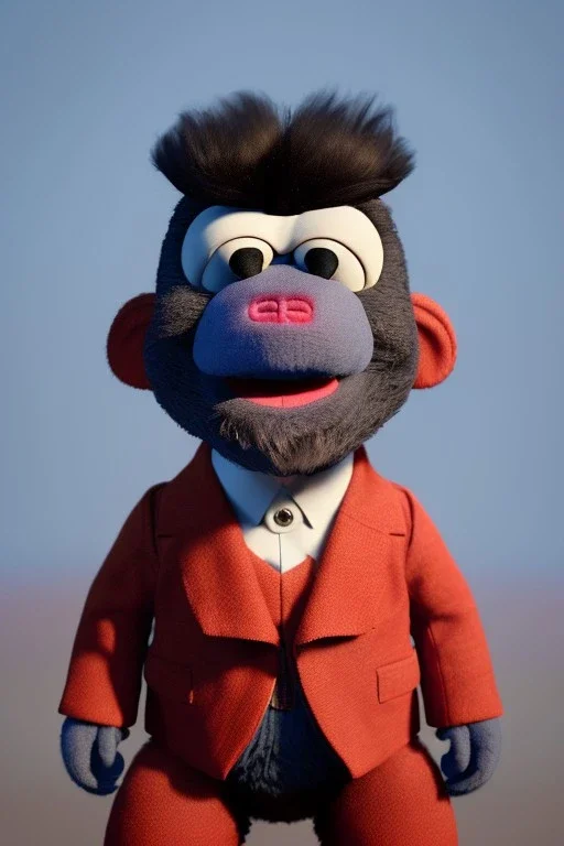 Waist up muppet Portrait, Kim Jong-un as muppet doll, black suit, photo studio, red background, unreal engine 5, concept art, art station, god lights, ray tracing, RTX, lumen lighting, ultra detail, volumetric lighting, 3d.