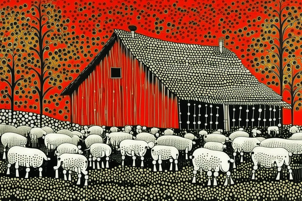 old barn in Style: Yayoi Kusama artist. landscape, pastoral, sheep