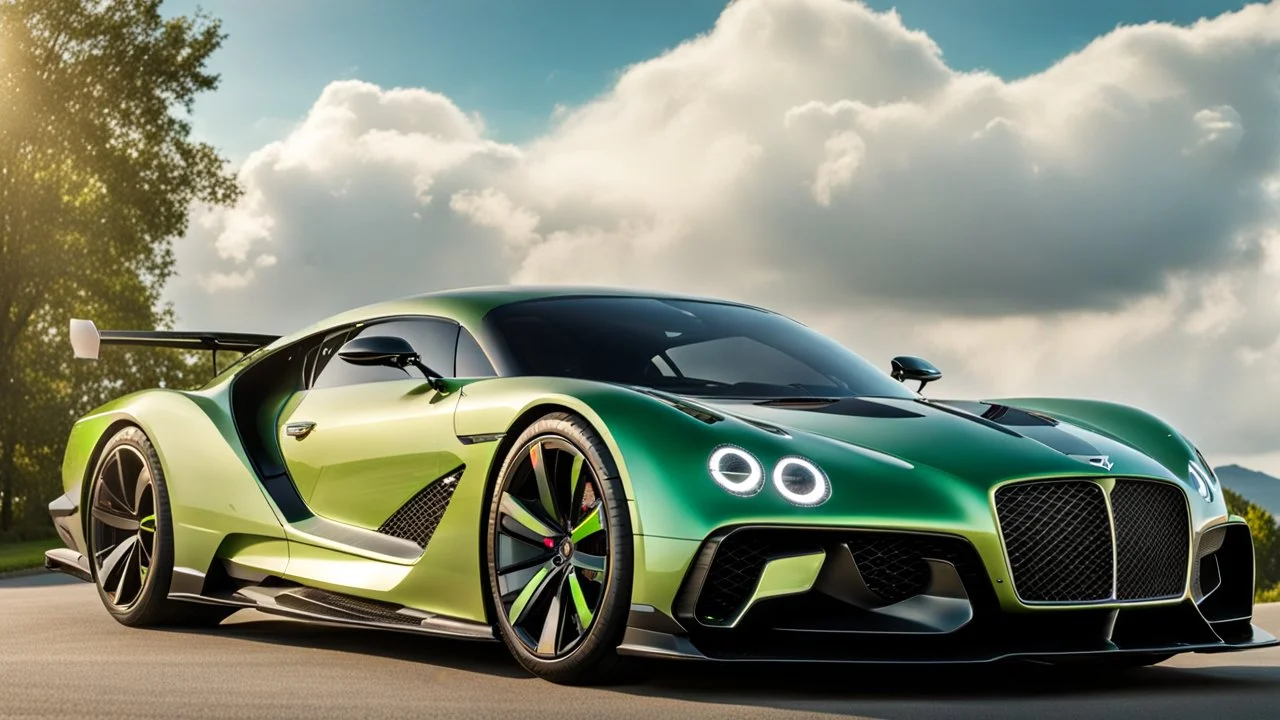 A sleek (((a cross of bentley and koenigsegg jesko))), on street, with hill and trees around, a beautiful clouds and sunny weather, 4K, Superdetailed, No mistakes