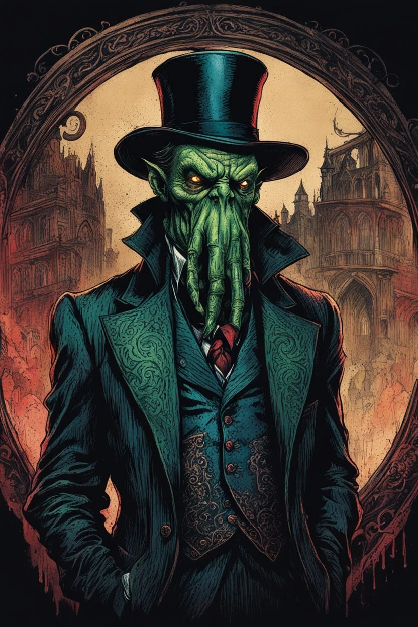 highly detailed color woodcut concept character illustration of a world weary, Cthulhu dressed as a gothic Victorian gentleman , maximalist, sharp focus, highest resolution, in the styles of Denis Forkas , Bill Sienkiewicz, and Masahiro Ito, boldly inked, 8k, coarse, gritty textures