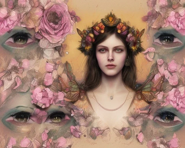 upper bust portrait, the queen of butterflies, coloured paint on face in symmetrical pattern, intricate metal work flower crown, in a field of roses, 8k resolution concept art, dynamic lighting, intricately detailed, hyperdetailed, beautiful, ethereal, elegant, golden hour, (butterfly), gothic