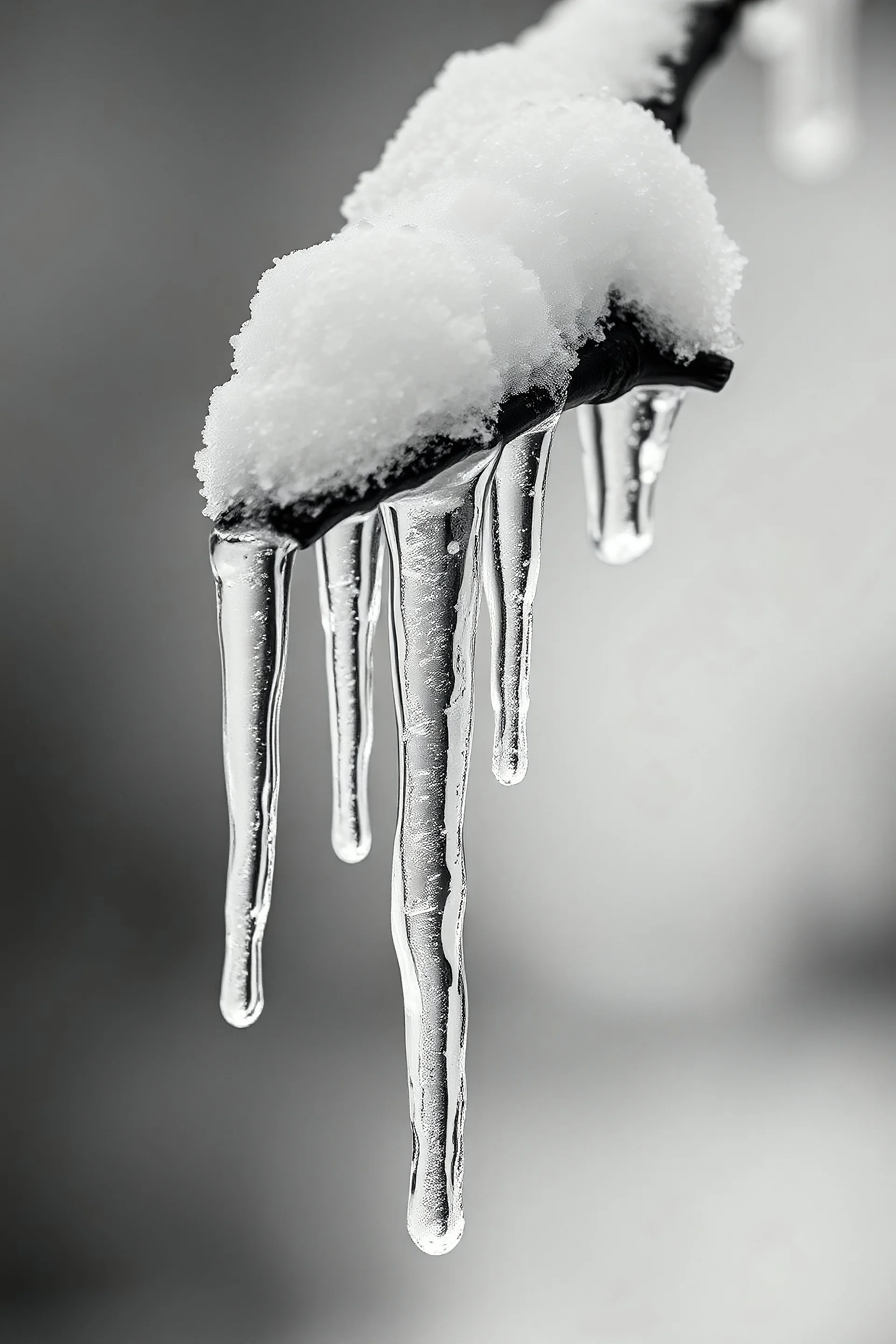 A close-up of icicles hanging from a branch, captured in sharp monochrome tones.