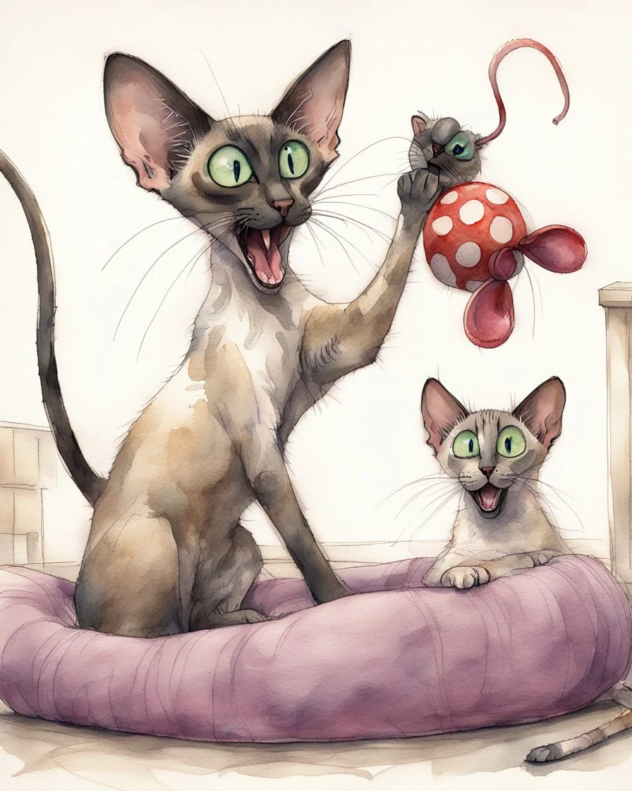Playful watercolor sketch of two expressive Cats . One blue eyed Oriental shorthair Siamese cat large, clutching a toy red polka dotted mouse, stands upright, mouth open in a comical pose, while a smaller green eyed Oriental Shorthair blue and white mackerel tabby cat with wide eyes sits below. Loose, gestural ink lines and soft watercolor washes overlay in a humorous scene. soft pastel cat bed with home background with subtle shading emphasizes the quirky funny characters in Chuck Jones style.