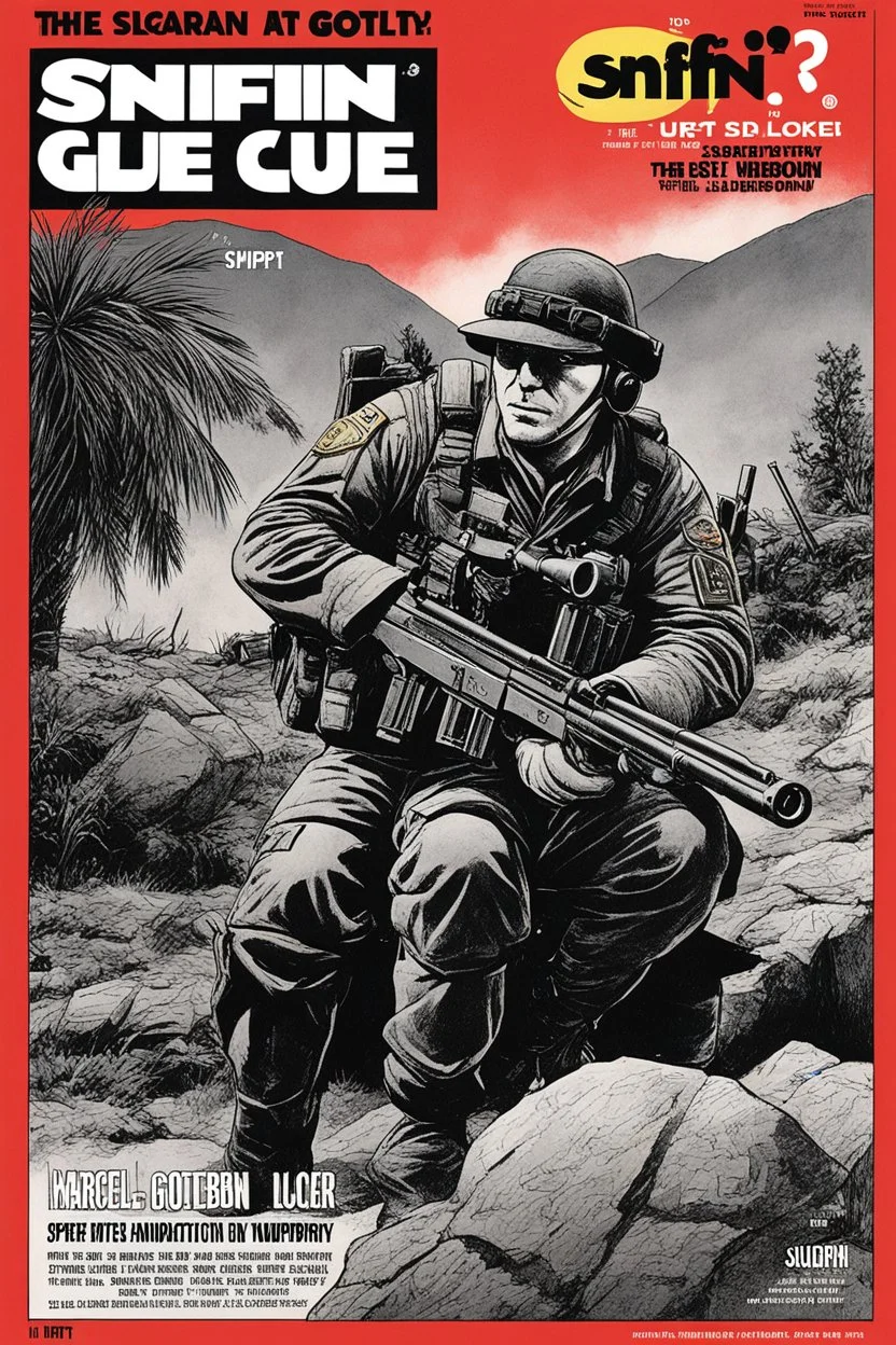 SNIFFIN’ GLUE magazine illustration cover by Marcel Gotlib: special issue #42 on sniper action and weaponry. guest star: Sergeant JT Sanborn, The Hurt Locker.