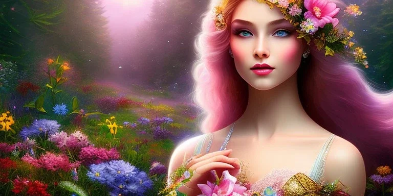 bright fairy, beautiful portrait, flowery landscape