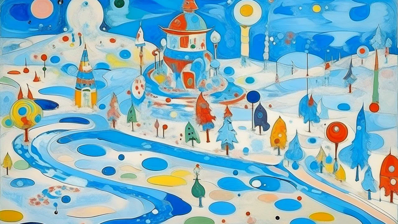 A light blue snowy wonderland made out of ice cream painted by Wassily Kandinsky