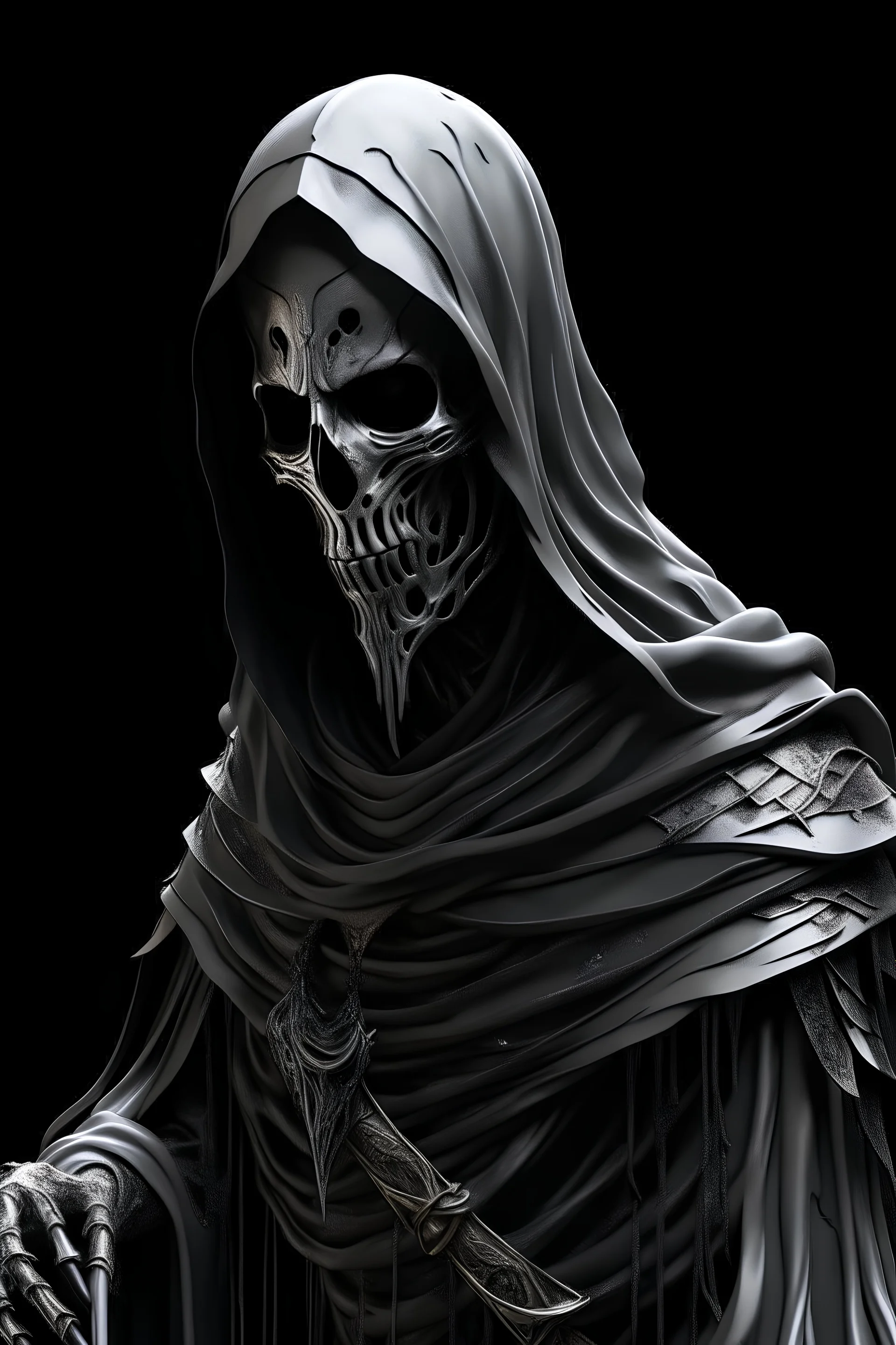 Etherial swordwraith wearing a silver metal mask wrapped in black cloth rags, undead, fantasy art, undead art, ghost