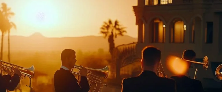 panoramic ,brass orchestra playing outside a beverly hills style mansion, exterior photography of a romantic and bright house, 8k, ultra HD