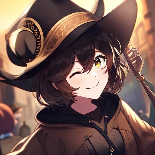 Clear focus, High resolution, short brown spiky hair, hair between eyes, eyes closed, wearing a brown detective hat, wearing a brown jacket and a black shirt, wearing black shorts, 1girl, pulling hat down, smiling, wearing a oversized hoodie