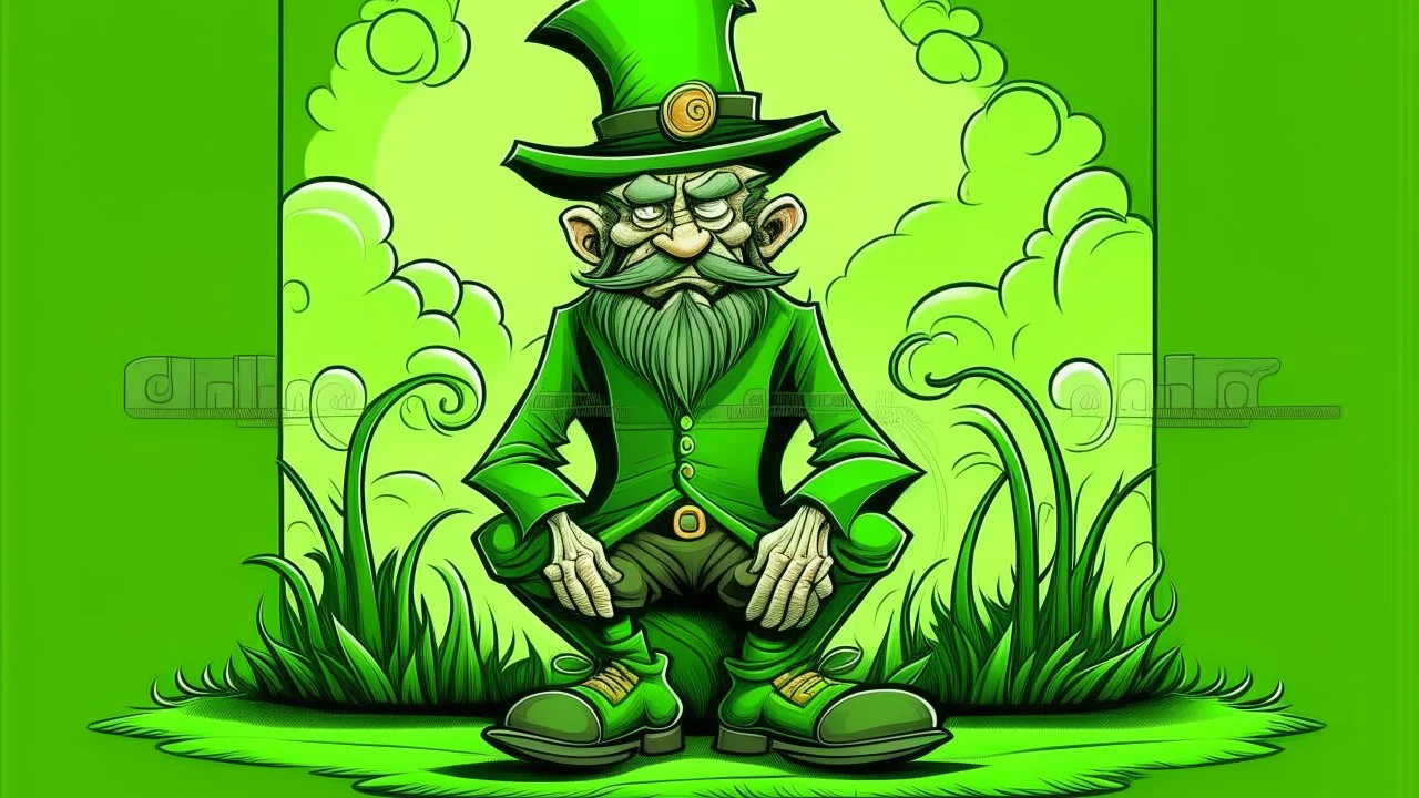 fantasy cartoon illustration: in the grass sits a real live leprechaun! He is dressed in green from the tip of his toes to the top of his hat.