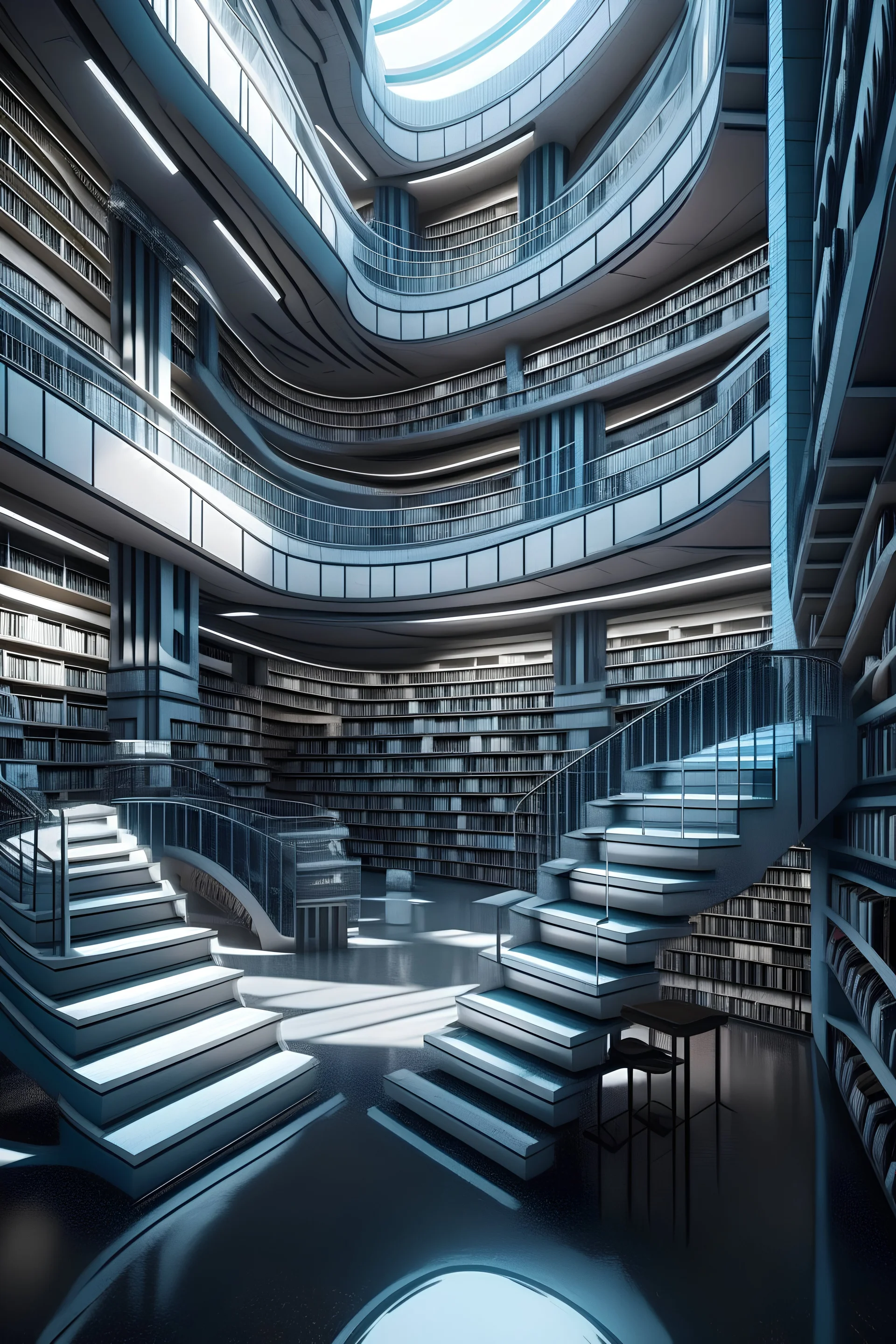 How would a really really really futuristic library look like in the future (super cool features, shelves popping out, cool designs) large and plenty of space. Helping robots climbing stairs to take books down.