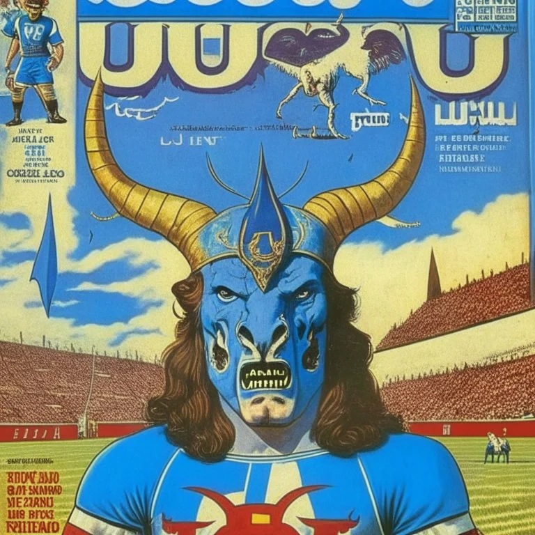 A 1980 medieval london comic cover of uruguayan sky-blue football magazine. At the street city, Monty Pyton. Estadio Centenario Montevideo. Satan, devil, horns.