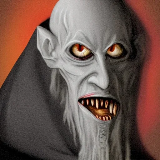 Nosferatu with four yellow eyes with fleshy tentacle beard grey skin and vampire fangs as a Russian Orthodox