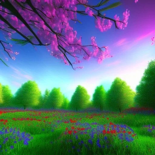 blue sky, red flowers, green trees, purple bushes