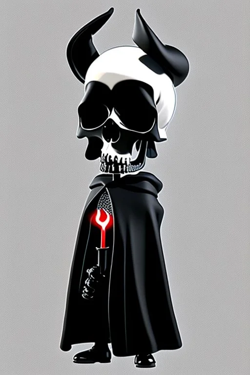 1950s goofy vinyl toy of a skull face character wearing a black hooded cloak, drawn in a early animation rubber hose animation style, inside a lighter diamond shape on a black background, monochromatic