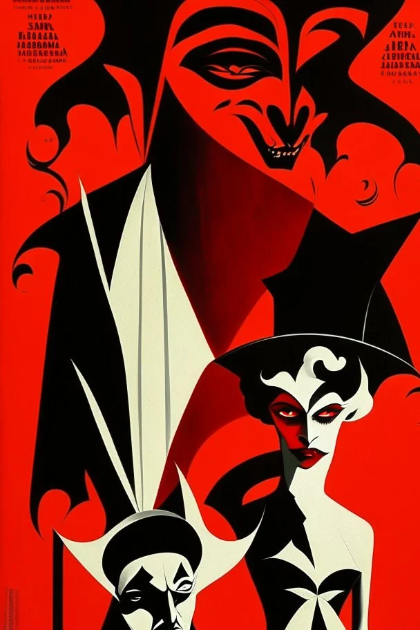 Woland, Behemoth, Korovjov characters from Mikhail Bulgakov’s The Master and Margarita, red background, black, white figures, bizarre, surreal by Adolphe Mouron Cassandre poster