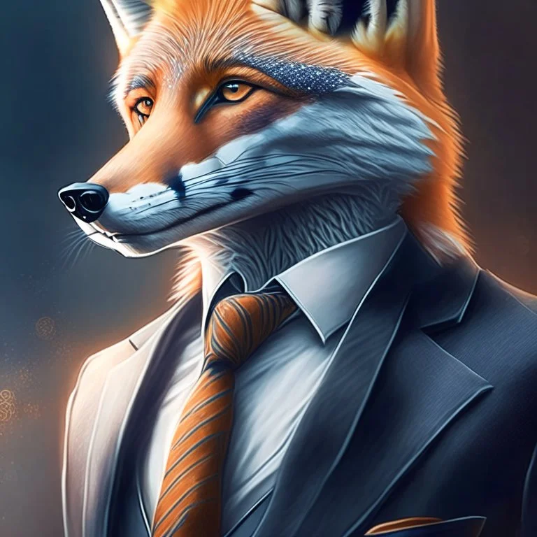 Illustrative sketch of a image of an humanoid fox, suit and tie, arte lineal ultra quality, 8k