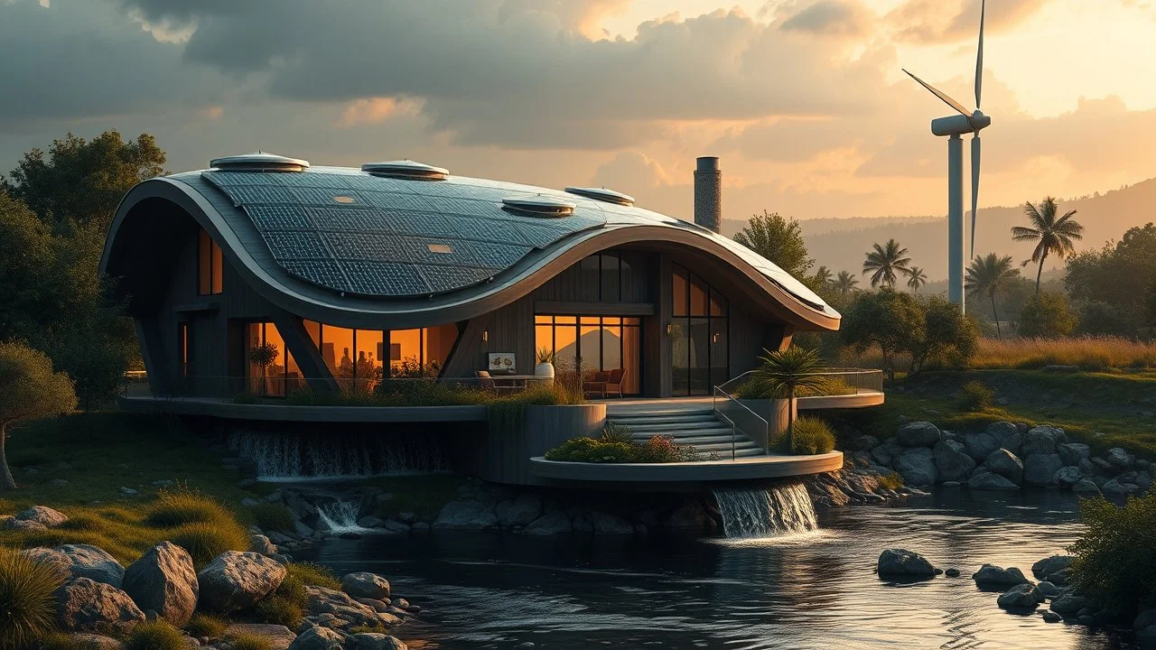 2031. Innovative environmentally-friendly home, solar panels, water wheel in river, alternative energy, wind turbine, scientific experiment, home of the future, amazing curved architecture, fantasy, robotic, magic, automated, spectacular, futuristic, beautiful lighting, attractive composition, photorealistic, extremely detailed, chiaroscuro