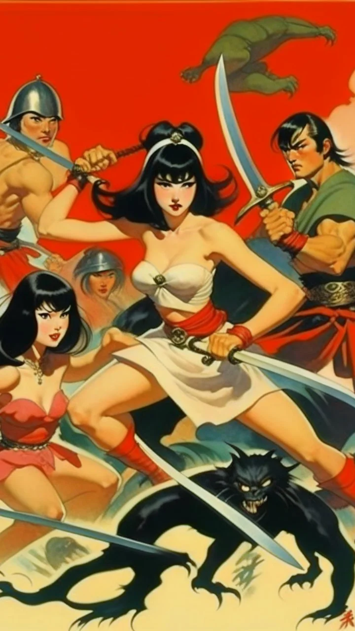 Betty Page art from japanese style 1900 movie. Ninjas