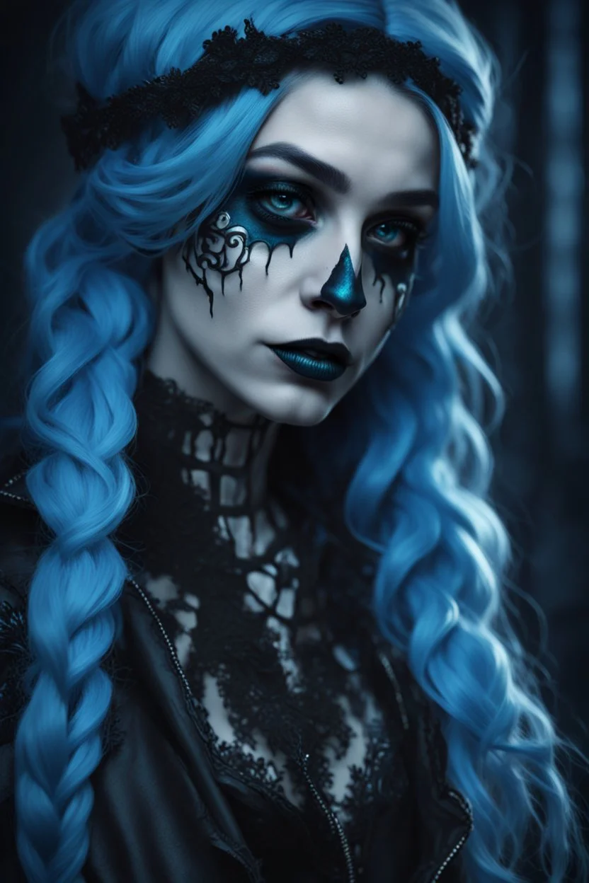 Close-up Portrait of a girl, skeleton face like night before Xmas, blue hair, 8k fantasy, goth