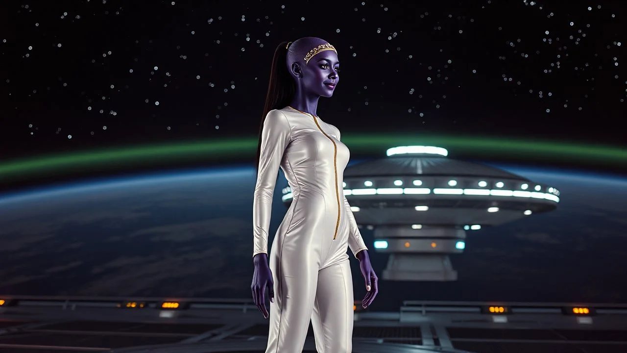 "Artistic photography (((FULL BODY from HEAD to FEET +profile))), enormous almond shape lighted crystal clear eyes, she is gorgeous, dressed in a white shiny jumpsuit she is a gorgeous smiling extra terrestrial woman with indigo purple blue skin with a high elongated skull like Nefertiti, 40 y/o asian, she wears White tight boots without heels, and she is outside on the flying saucers large landing deck of the space station in cosmos.