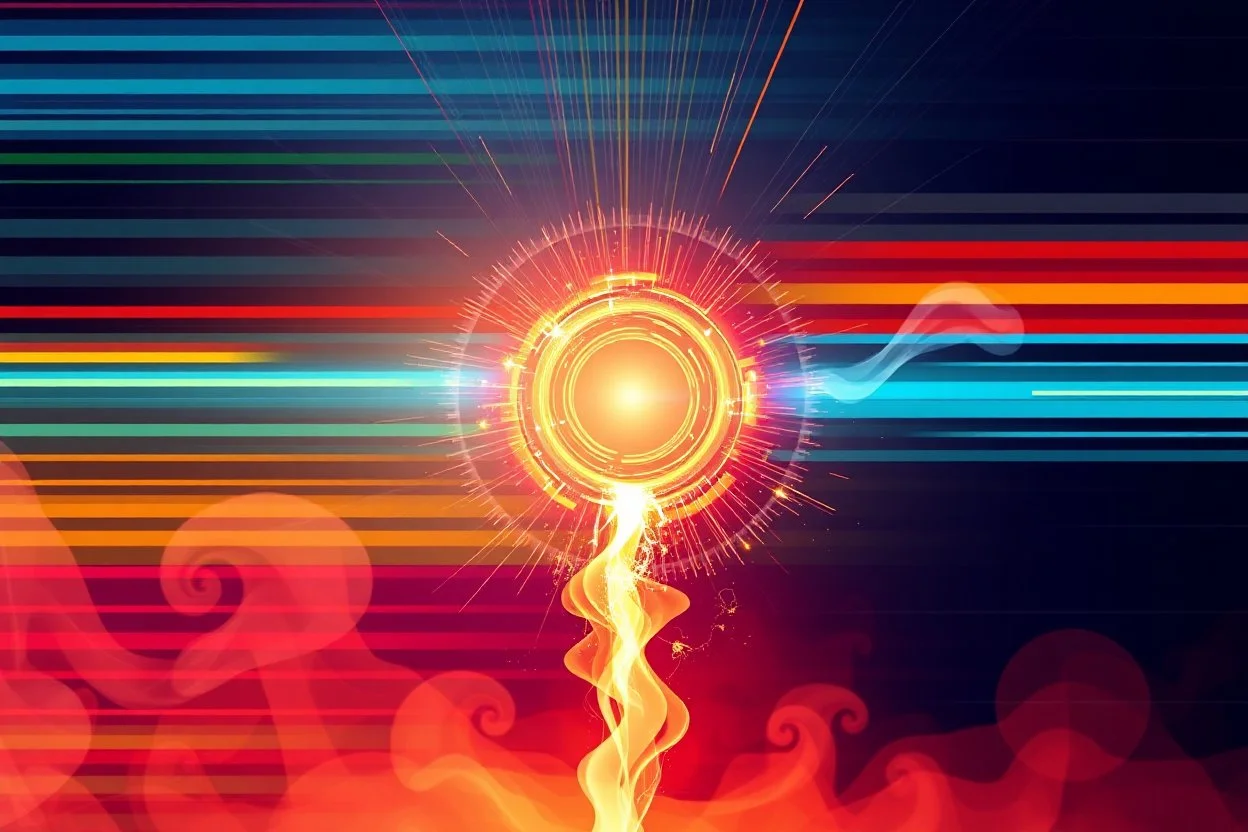 background of energetic and colorful horizontal stipes and wedges, rotating circle of energy(midground, bottom and right) giving off sparks, smoke trail across(bottom and then up left), as a simple vector