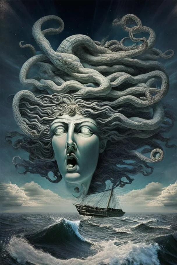 A sailboat of which front is Medusa head is flying into the universe.