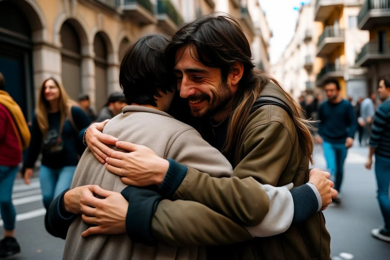 Personas abrazadas de espaldas en una calle de una ciudad española. fotografía realizada con cámara Leica y objetivo 50 mm