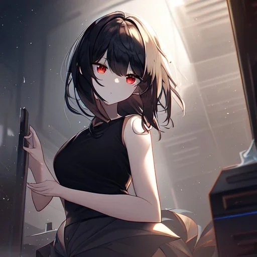 Clear focus,High resolution, black short fluffy hair, long fluffy bangs, and red eyes, Depressed girl, wearing a black short shirt with a black sleeveless crop top, dark aura, controlling water, in a dark blank room