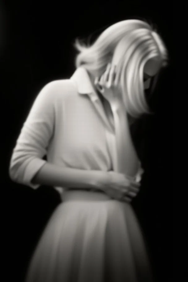 Mujer rubia iluminada, retrato medio cuerpo, iluminada potentemente desde el lado derecho, blanco y negro vaporoso, peinado a lo Verónica Lake al estilo del fotógrafo Hugo Alonso