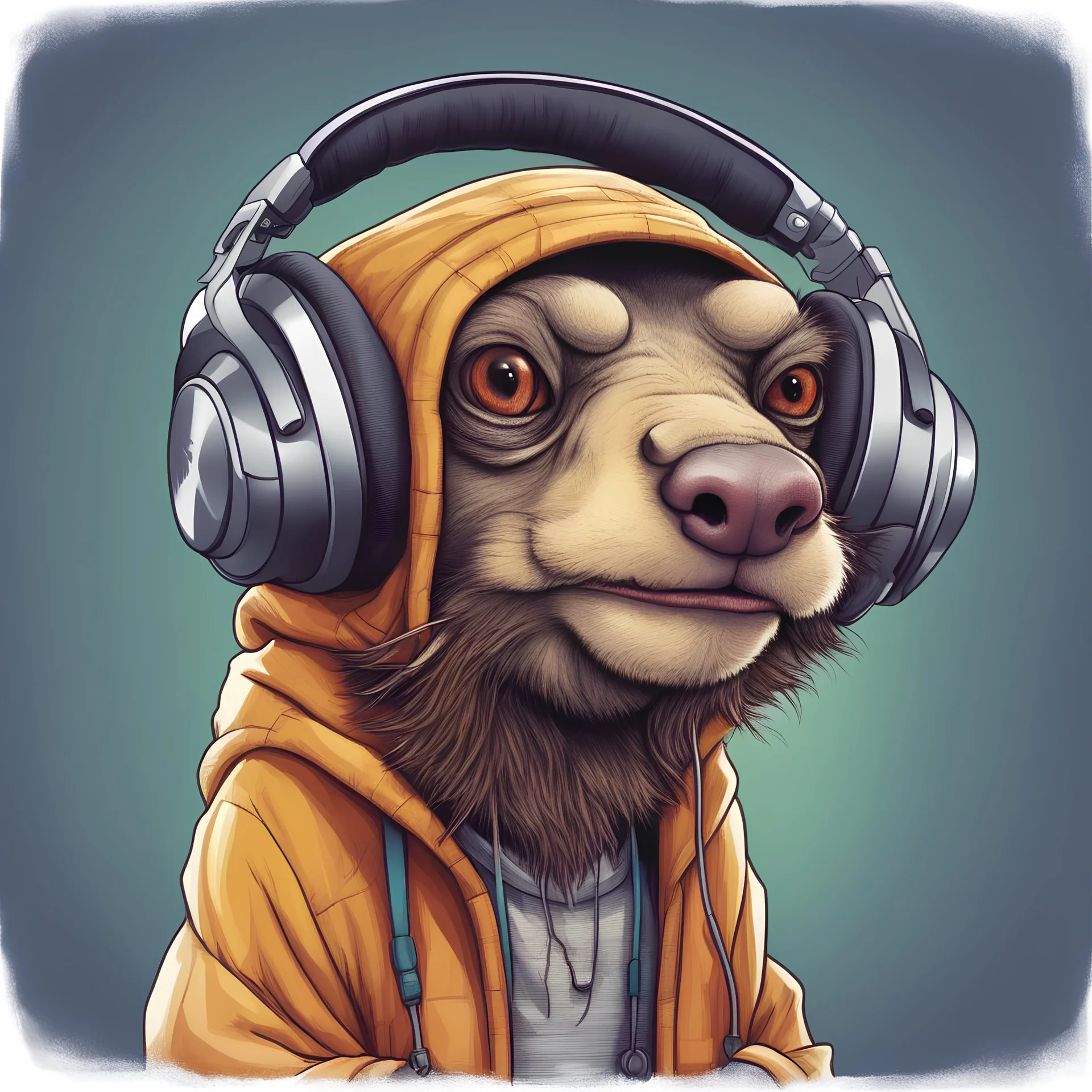 Funny caricatured creature character dressed in hip hop clothing and wearing headphones, pencil drawing, colors hatching and shading, fractured, short focus, vanishing point, vignetting, light in contrast, highly detailed, thin loose lines, white background