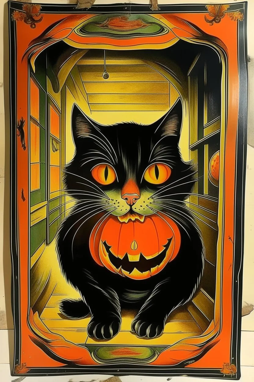Vintage store front poster, Halloween, cat inside pumpkin