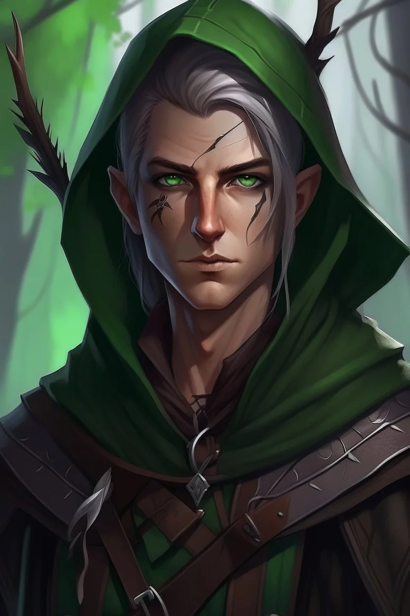 Portrait of 35 year old gender neutral rogue elf, thief assassin, mauve hair, bright green eyes, brown skin, black hood, black leather armor, messy, disheveled, trees, sneaky, bow and arrows, long and lean