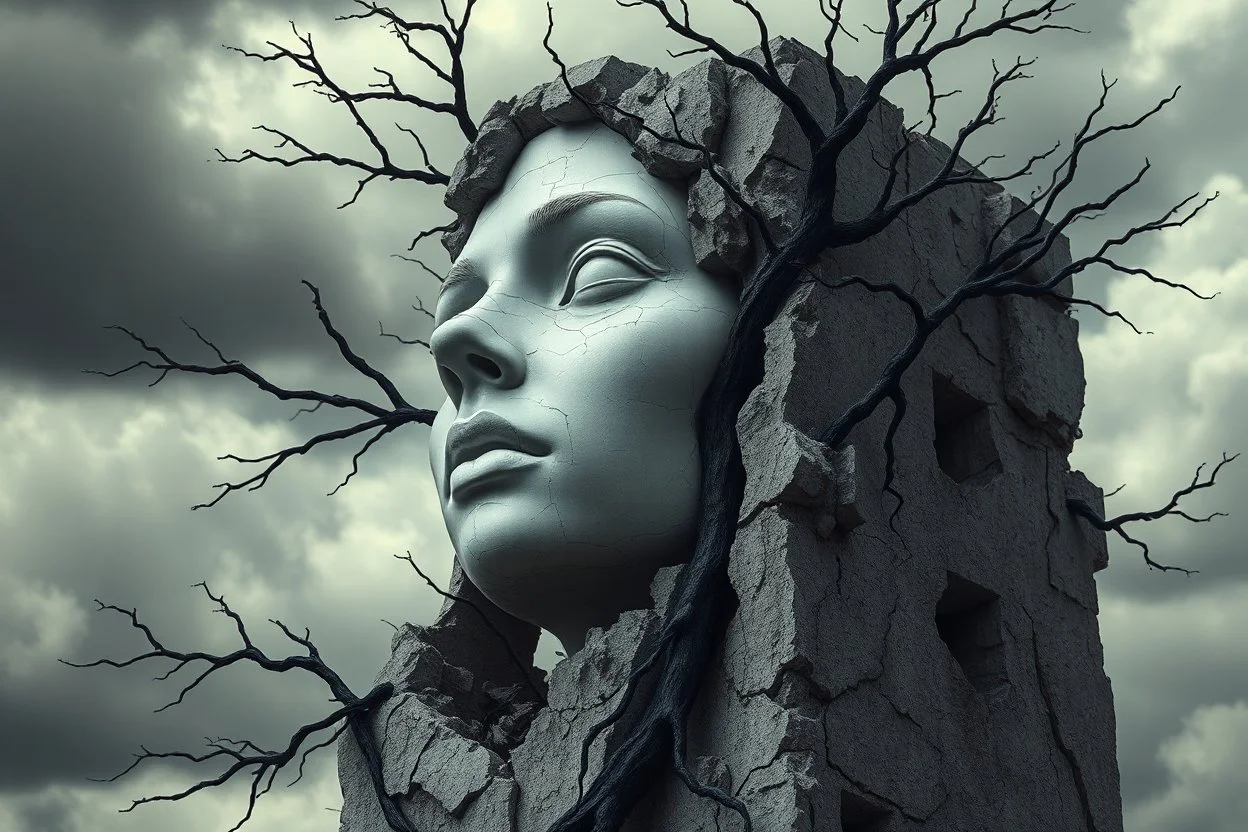 surrealis monochrome A fragmented, surreal sculpture liguid color of photorealistic image 3d,psychedelic art of small a women face glossy emerging from dreamlike a crumbling building. The face appears pale with deep cracks and intricate details, evoking a haunting expression. Blackened tree branches intertwine with the gold mengkilat cracks, set against a backdrop of stormy, cloud-filled skies. bauhaus art The overall tone is dark and moody, suggesting themes of decay and transformation. Include