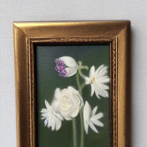 tiny oil painting of single long stem pressed flower, moody, vintage, delicate arrangement, beautiful composition, etsy, aesthetic layout, plain solid white background