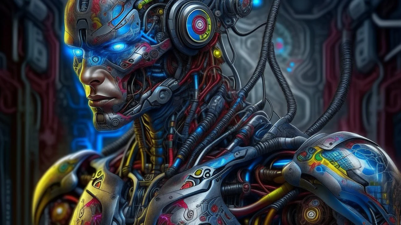 Futuristic cyborg warrior in a post-apocalyptic wasteland, biomechanical armor, blending organic musculature with advanced technology, fierce and powerful stance. Style of Alex Grey, Patrice Murciano, and Carlo Crivelli, vivid and bold colors, surreal and intricate patterns, vivid, powerful, stark contrast, post-human, cybernetics, resilience, dynamic, hyper-realistic, intense expression