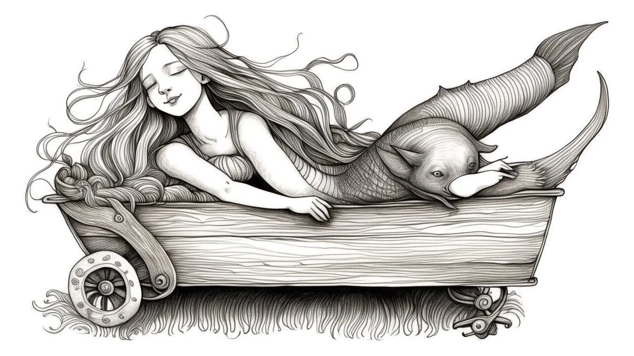 The image is a black and white illustration of a mermaid lying on a wooden cart with a dog pulling it. The mermaid is lying on her back with her arms stretched out to the sides and her head tilted back, as if she is sleeping. She has long blonde hair and is wearing a crown on her head. The cart is made of wood and has four wheels. In the background, there is a ship sailing on the ocean with two seagulls flying above it. On the right side of the image, there are two stamps with the words "August