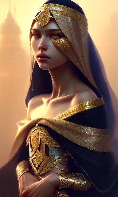 Arab princess She wears a veil , cute, beautiful, long hair, wavy hair, black eyes, head and shoulders portrait, cinematic, 8k, resolution concept art portrait by Greg Rutkowski, Artgerm, WLOP, Alphonse Mucha dynamic lighting hyperdetailed intricately detailed