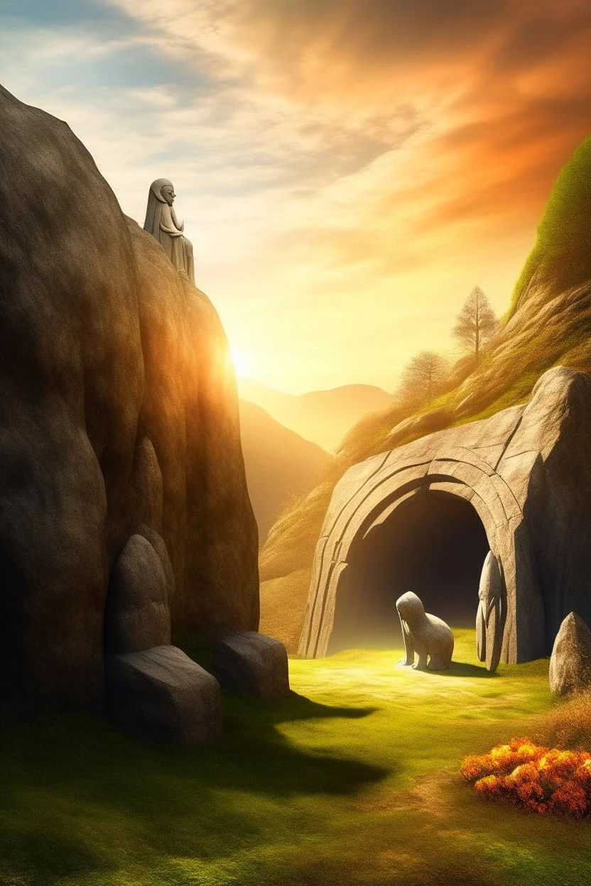 Imagine a surreal landscape outside view at sunrise with a cave tomb in the side of the hill with two winged angels guarding it and a stone slab rolled to the side of the entrance