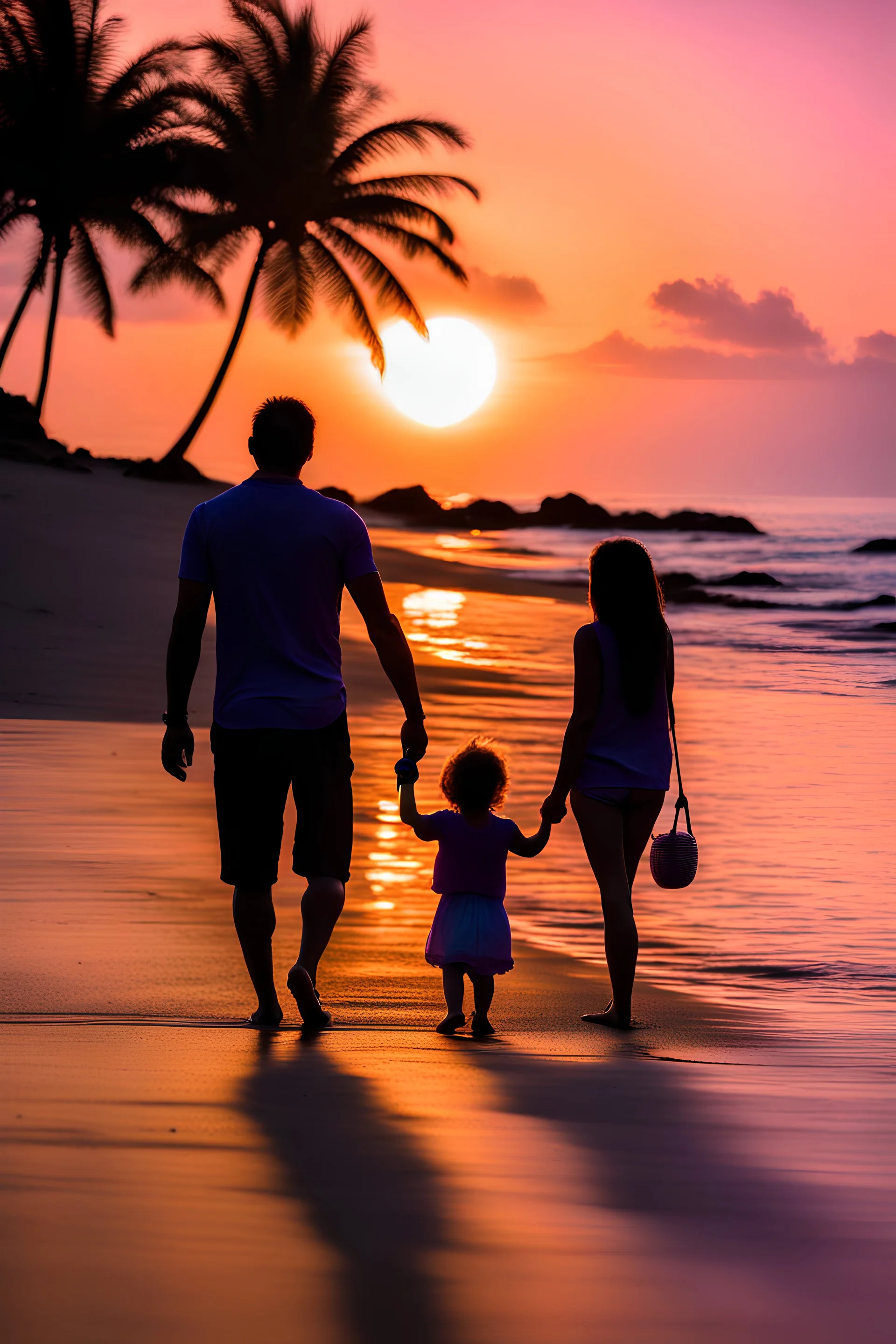 Mom 180cm, dad 180cm and 2year old daughter 90 cm watching the purple blue sunset with the sun super low in the sky. Silhouette from behind on the beach standing on the sand. Make the man Taiwanese and the woman Hispanic