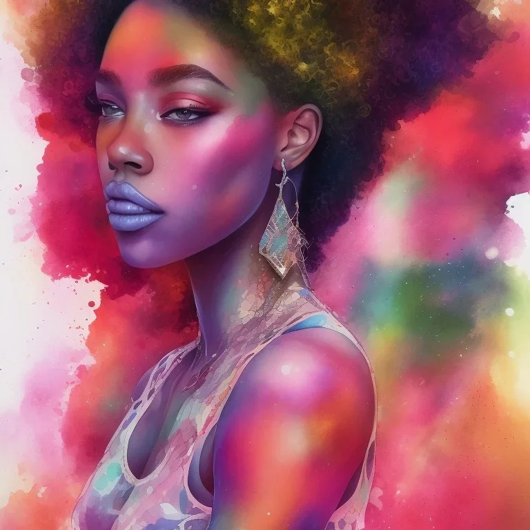 Portrait of beautiful black woman, watercolor , bright colors, long curly hair