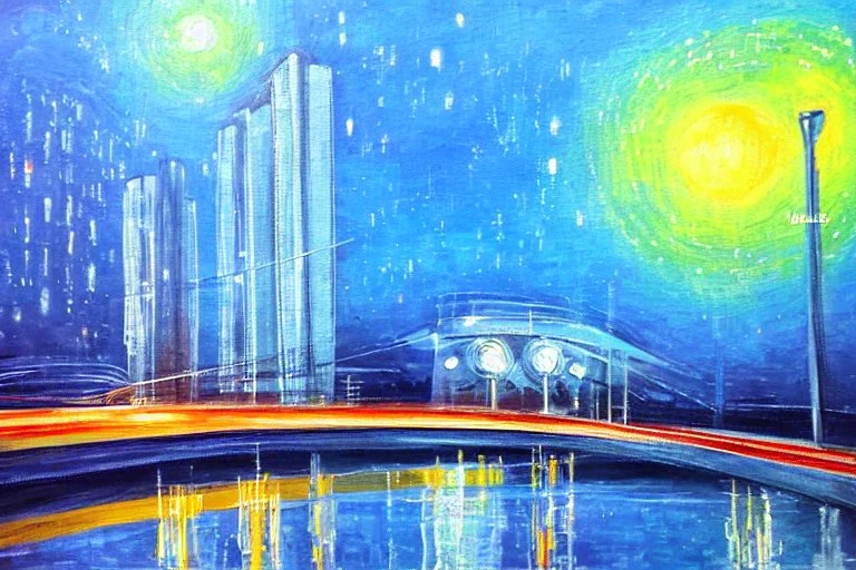 Night, futuristic buildings near trees, highway, sci-fi, impressionism painting