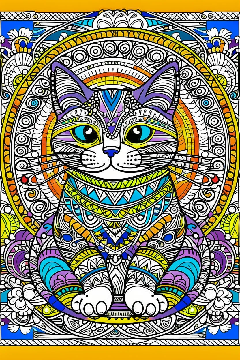 Design an eye-catching cover for a coloring book featuring a friendly, fully colored CUTE cat. Inside the CUTE cat, create colorful mandala designs for complete coloring. In the background, a colorful rectangular mandala pattern , full body, full body cat, full colored body, rectangular mandala patterns in backround